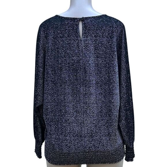 Joanna Sweater Blouse Women's Large Black Sparkly Mylar Blend Smocked Hem - Picture 14 of 16